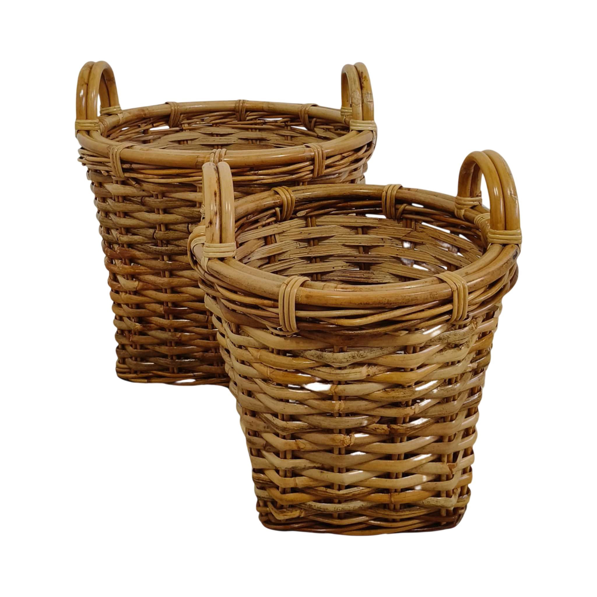 Rattan Round Storage Basket Set of 2 | Loop Handles | Tapered Form | Natural Honey