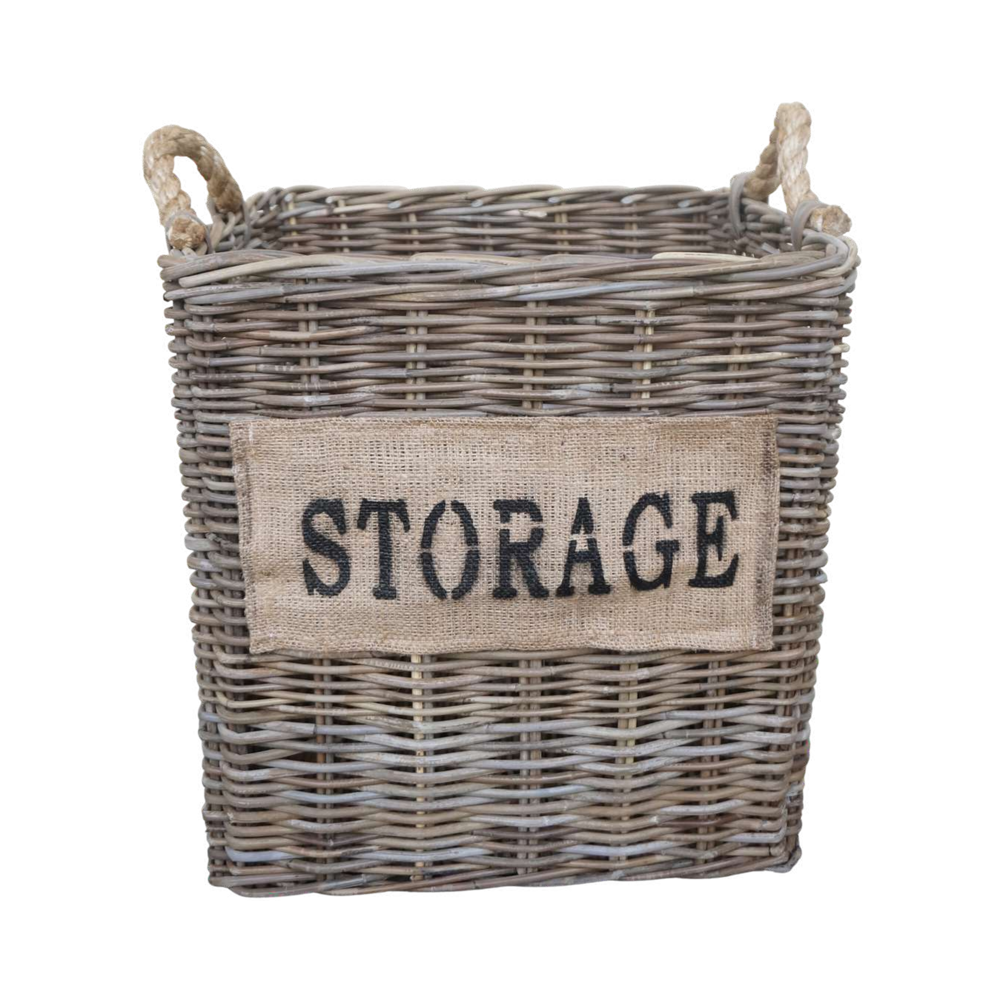 Koboo Grey Storage Wicker Basket — Burlap Label, Rope Handles | Nithya Boutique