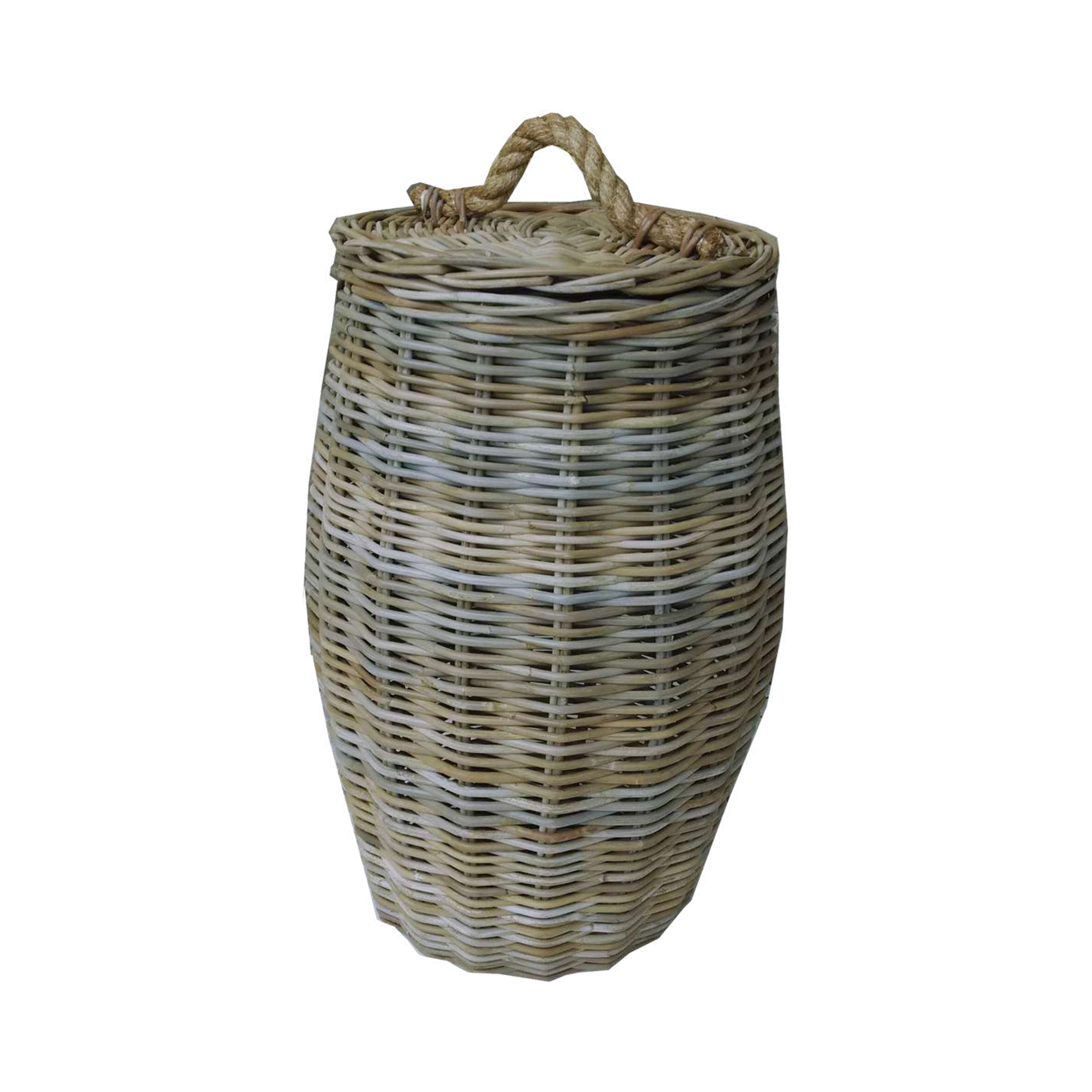 Koboo Grey Tall Oval Laundry Basket — Hinged Lid, Seagrass Handle | Nithya Boutique