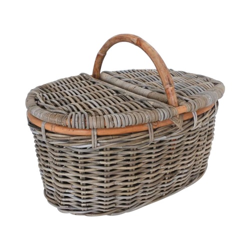 Koboo Grey Oval Picnic Hamper — Rattan Core Trim, Hinged Lid | Nithya Boutique