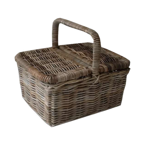 Koboo Grey Rectangular Picnic Hamper — Hinged Lid, Natural Rattan | Nithya Boutique