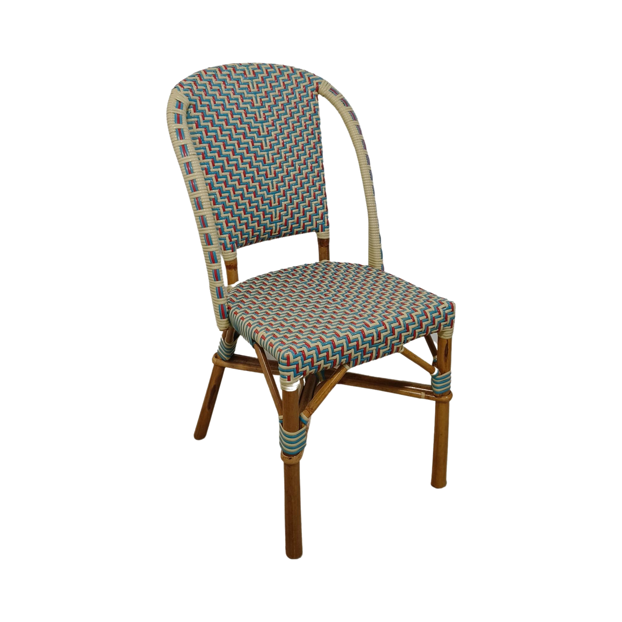Colourful Wicker Bistro Chair — Multi-Colour Chevron Weave, Rattan Frame | Nithya Boutique