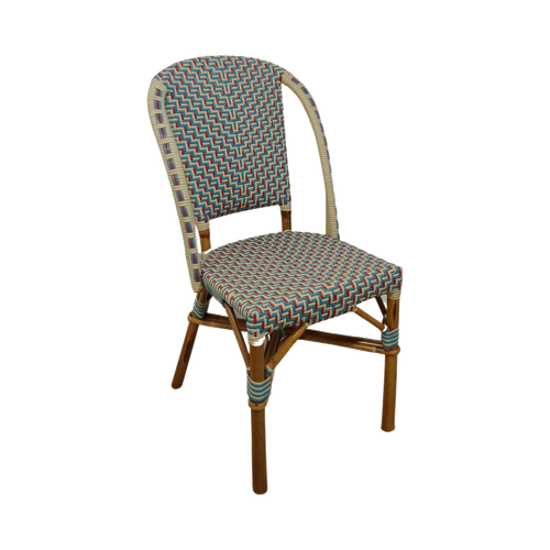 Colourful Wicker Bistro Chair — Multi-Colour Chevron Weave, Rattan Frame | Nithya Boutique