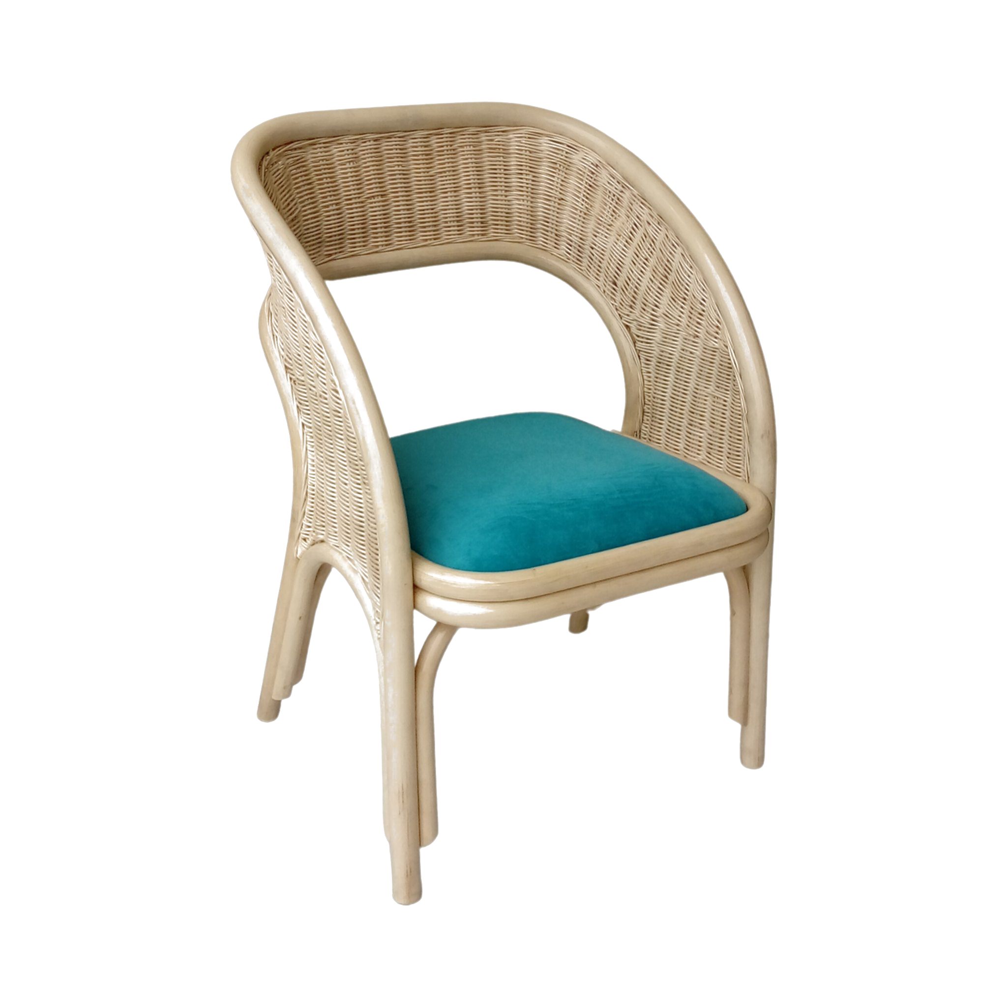 White Wicker Barrel Armchair — Hand-Woven, Teal Upholstered Seat Cushion | Nithya Boutique