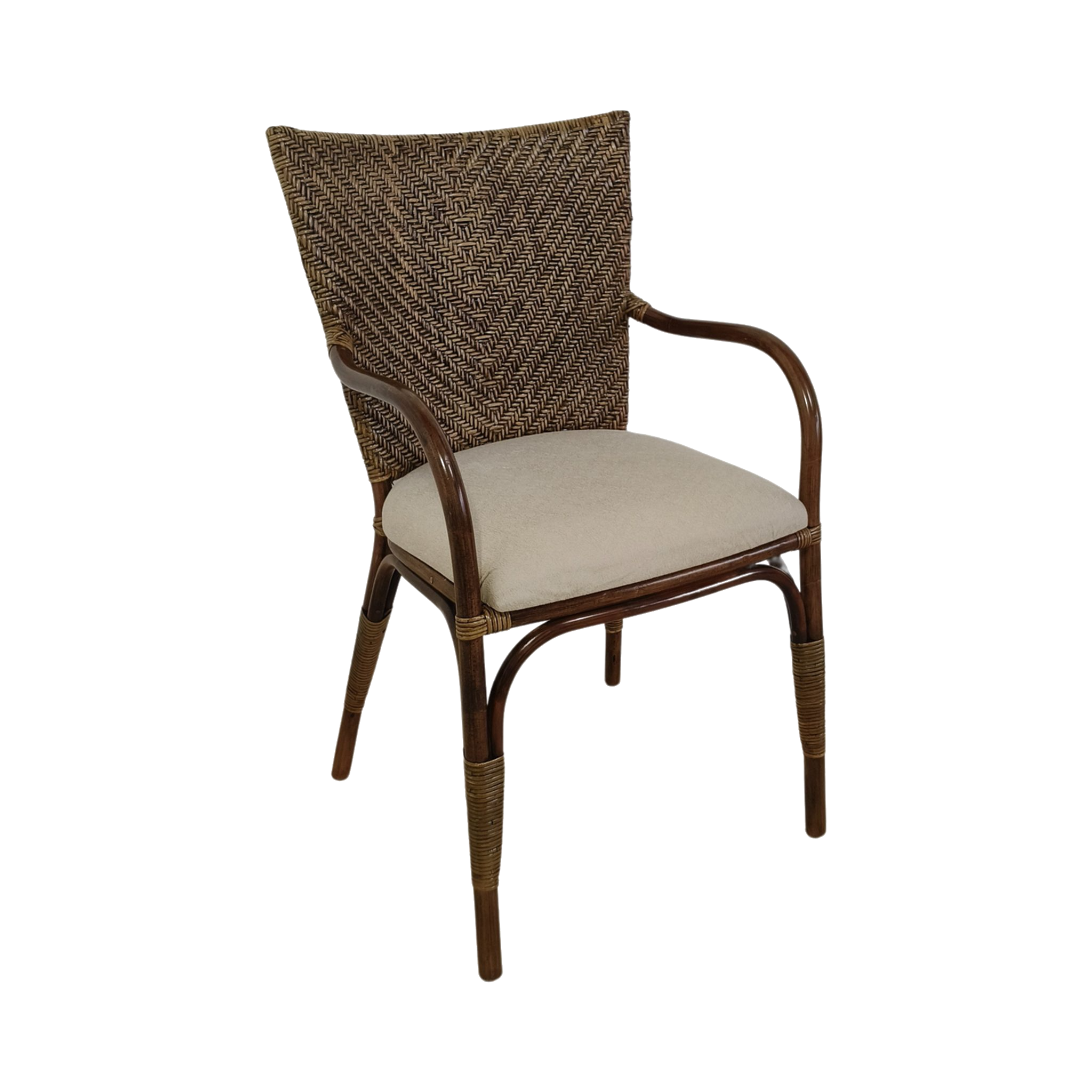 Dark Rattan Herringbone Dining Armchair — Espresso Finish, Cream Seat Cushion | Nithya Boutique