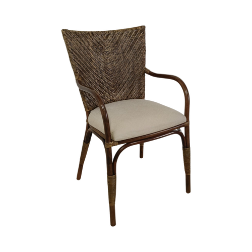 Dark Rattan Herringbone Dining Armchair — Espresso Finish, Cream Seat Cushion | Nithya Boutique