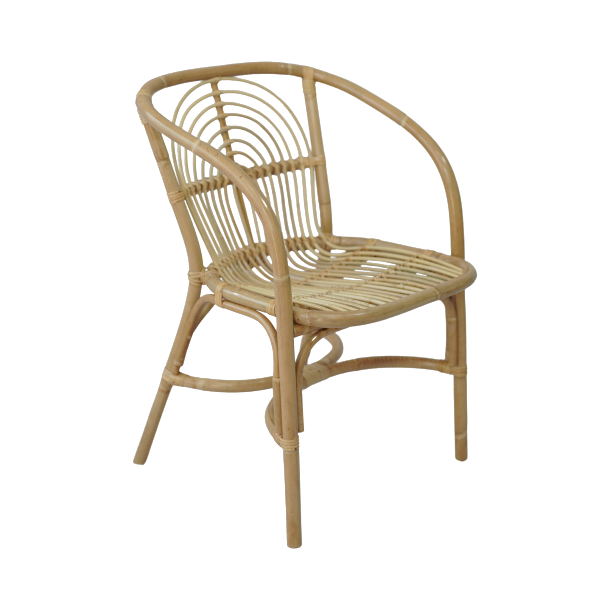 Rattan Armchair — Concentric Arc Back Detail, Barrel Arms, Open Slatted Seat | Nithya Boutique