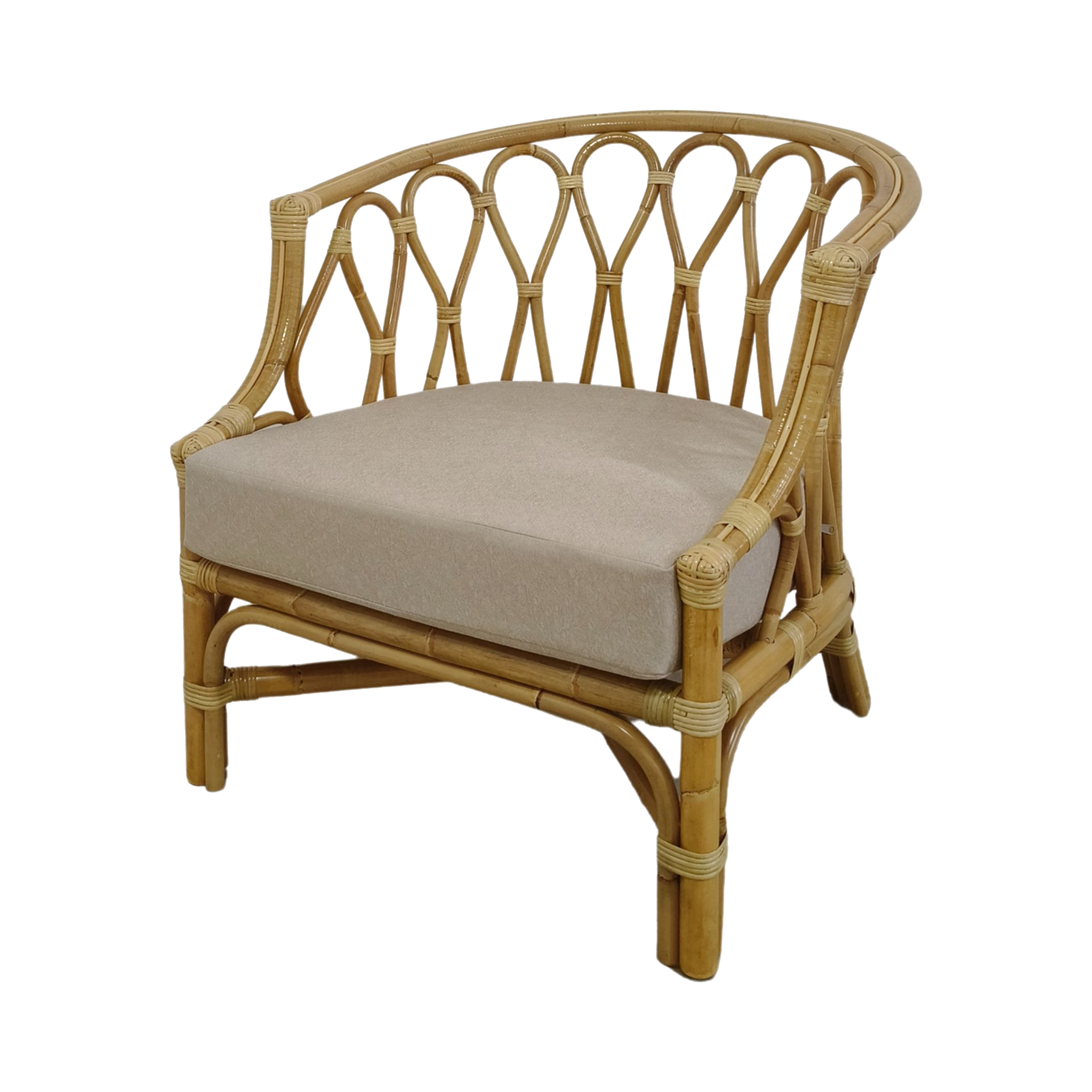 Rattan Armchair — Interlocking Loop Back, Linen Seat Cushion, Natural Honey | Nithya Boutique