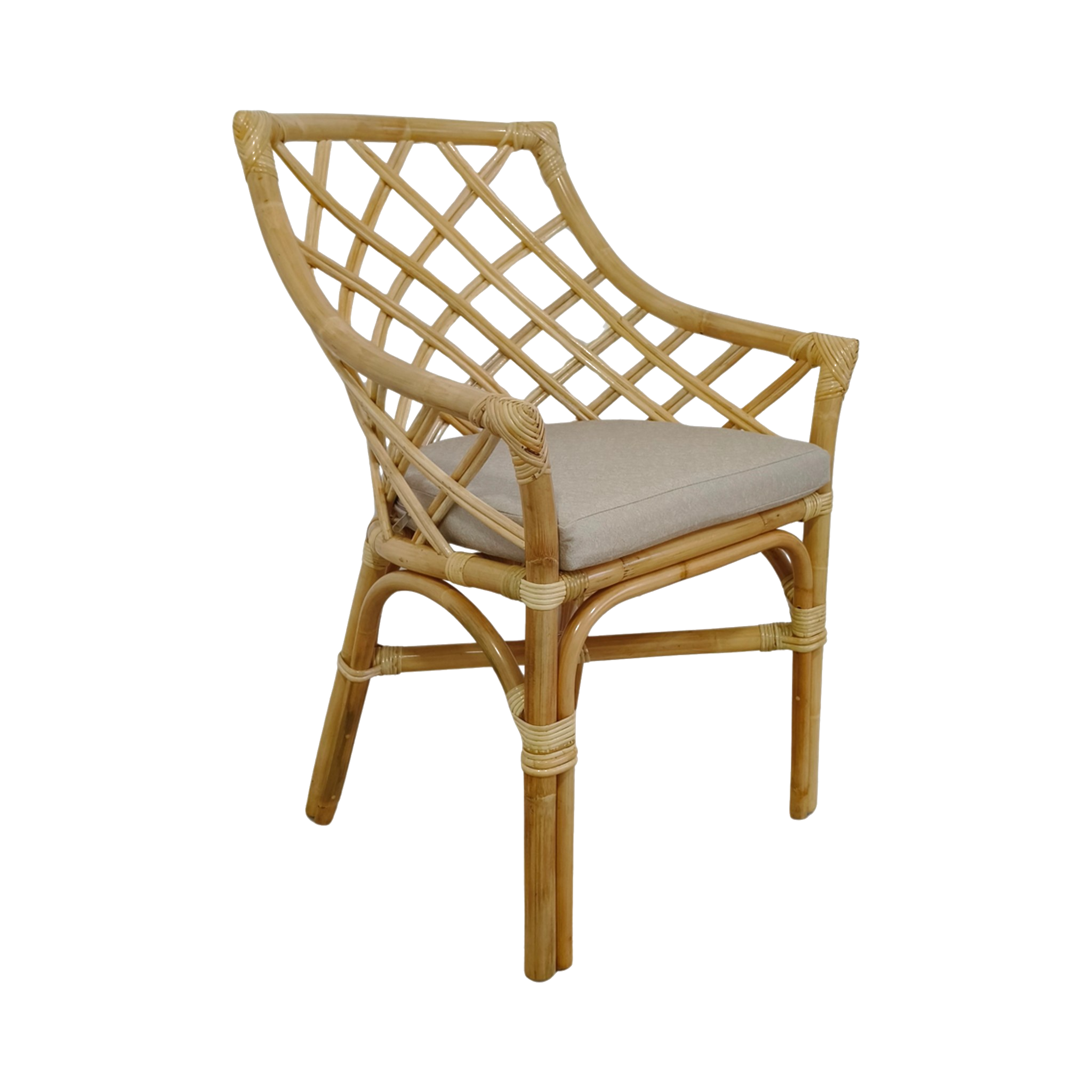 Rattan Armchair — Open Trellis Lattice Back, Linen Seat Cushion, Natural | Nithya Boutique