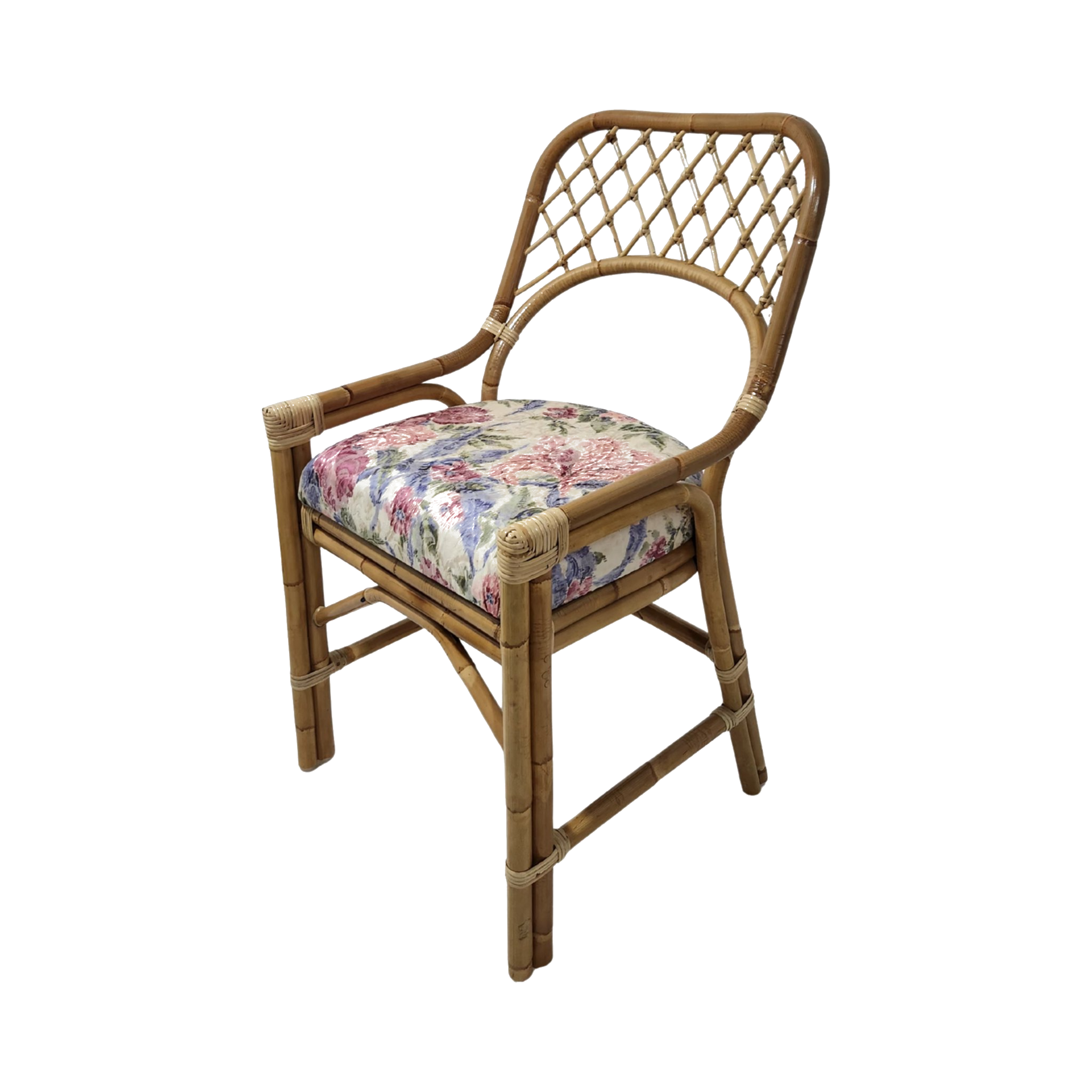 Rattan Dining Armchair — Open Diamond Lattice Back, Floral Seat Cushion | Nithya Boutique