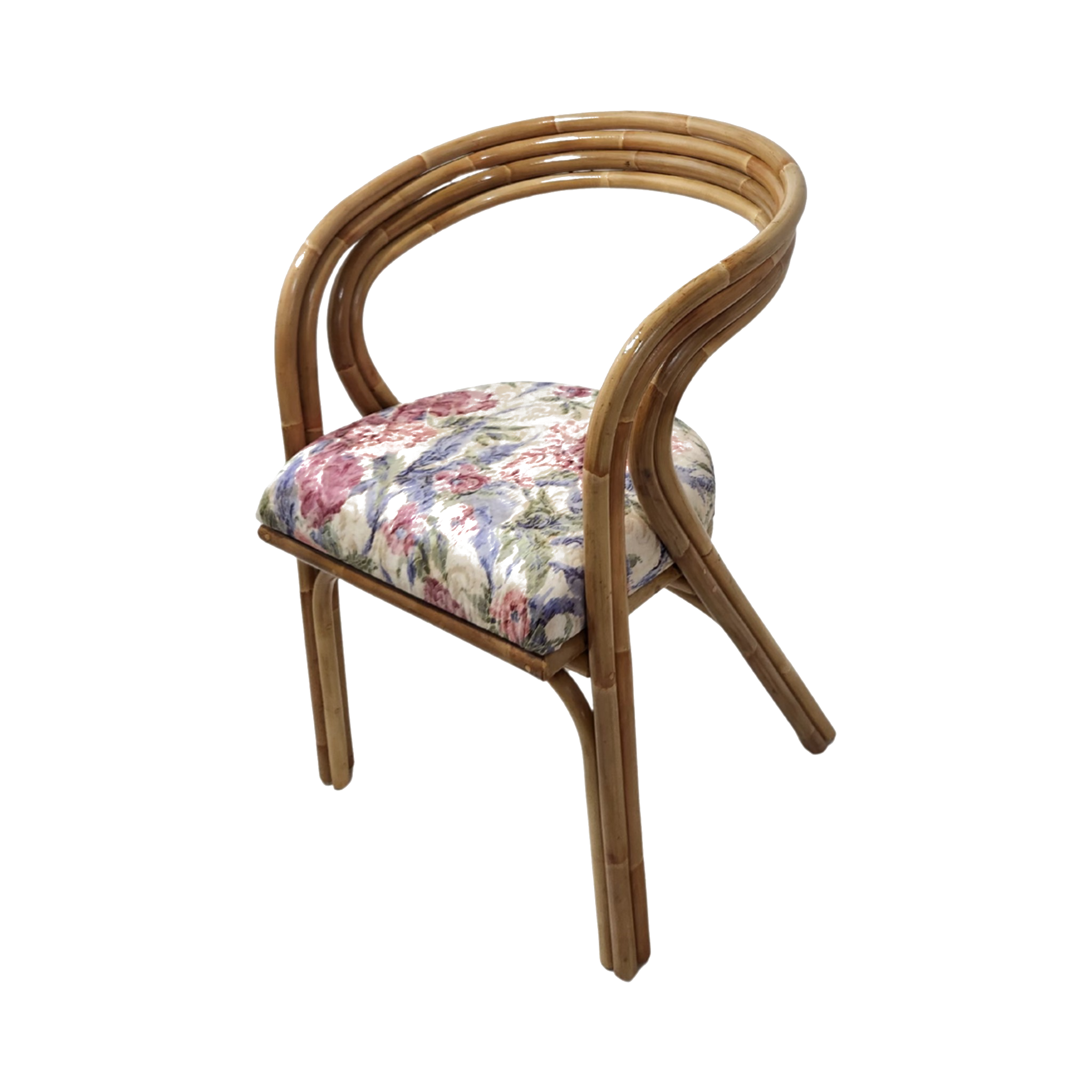 Rattan Tub Chair — Curved Bent-Rattan Back, Floral Upholstered Seat Cushion | Nithya Boutique