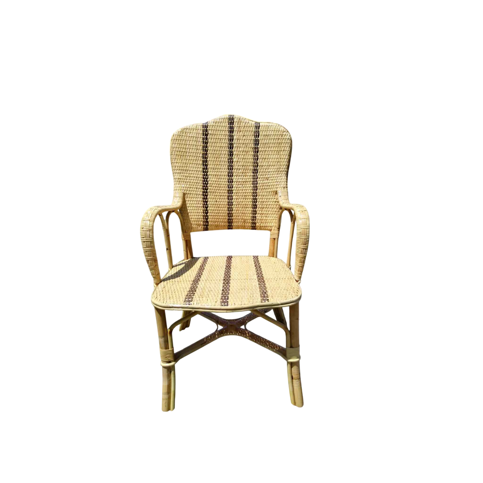 Rattan Armchair | Two-Tone Stripe Weave | Scalloped Back | Natural and Dark