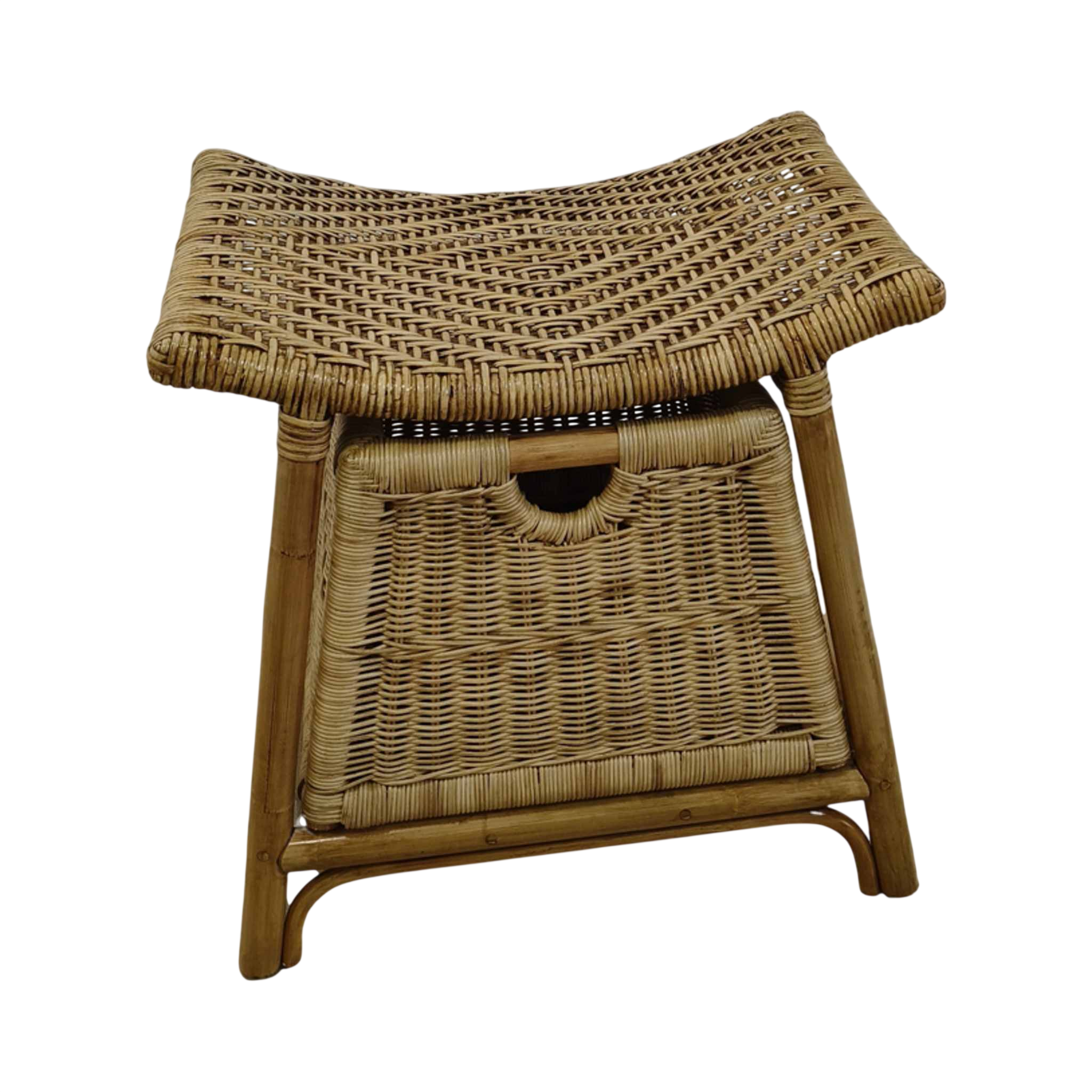 Rattan Storage Stool | Woven Herringbone Seat | Enclosed Wicker Compartment