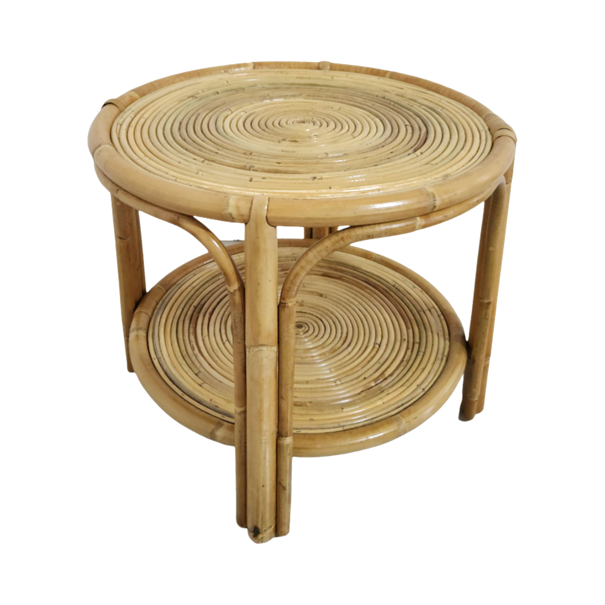 Rattan Round Two-Tier Coffee Table — Spiral Coil Top, Natural Honey | Nithya Boutique