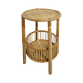 Small Rattan Round Side Table — Spiral Top, Wicker Basket Lower Shelf, Bamboo Frame | Nithya Boutique