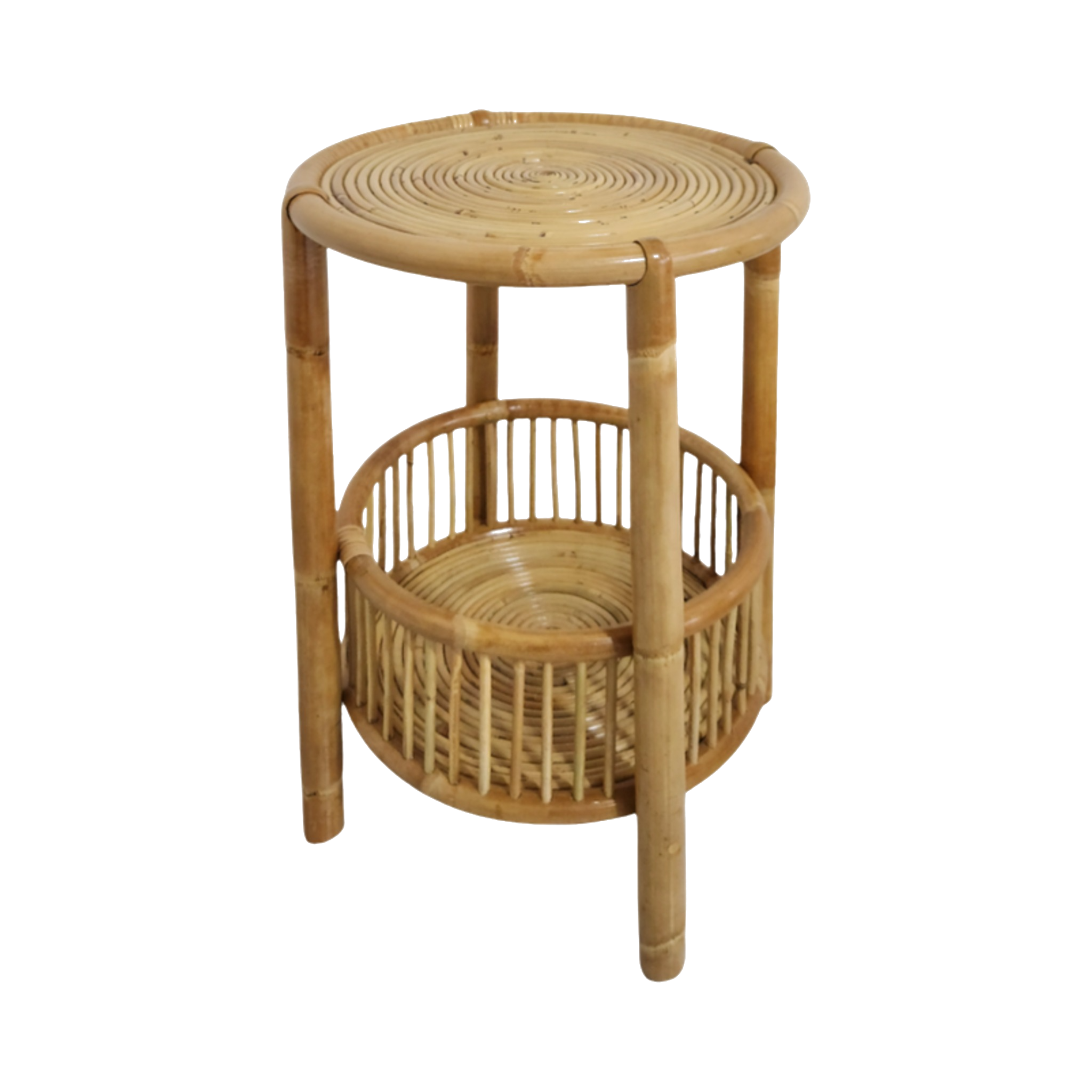 Small Rattan Round Side Table — Spiral Top, Wicker Basket Lower Shelf, Bamboo Frame | Nithya Boutique