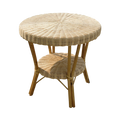 White Wicker Round Two-Tier Side Table | Sunburst Top | Rattan Legs