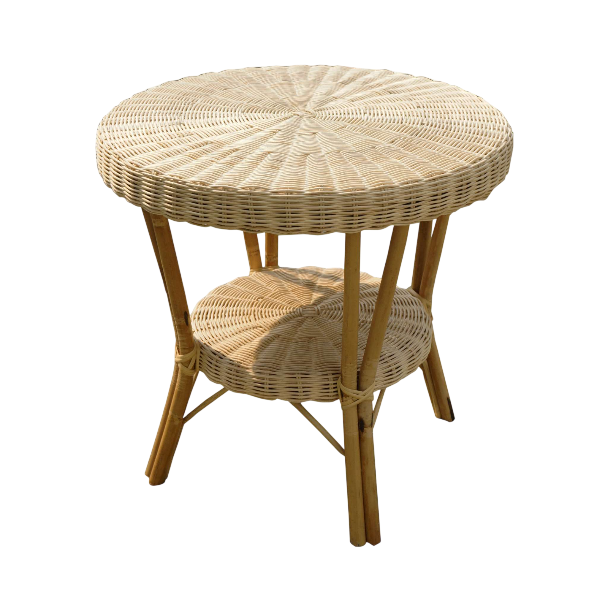White Wicker Round Two-Tier Side Table | Sunburst Top | Rattan Legs