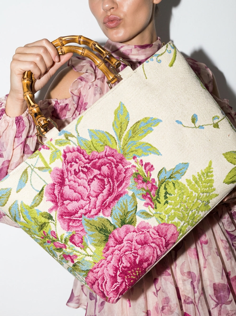 Garden Bloom Canvas Tote | Natural Bamboo Handles