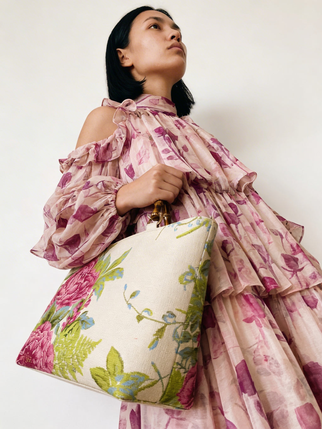 Garden Bloom Canvas Tote | Natural Bamboo Handles