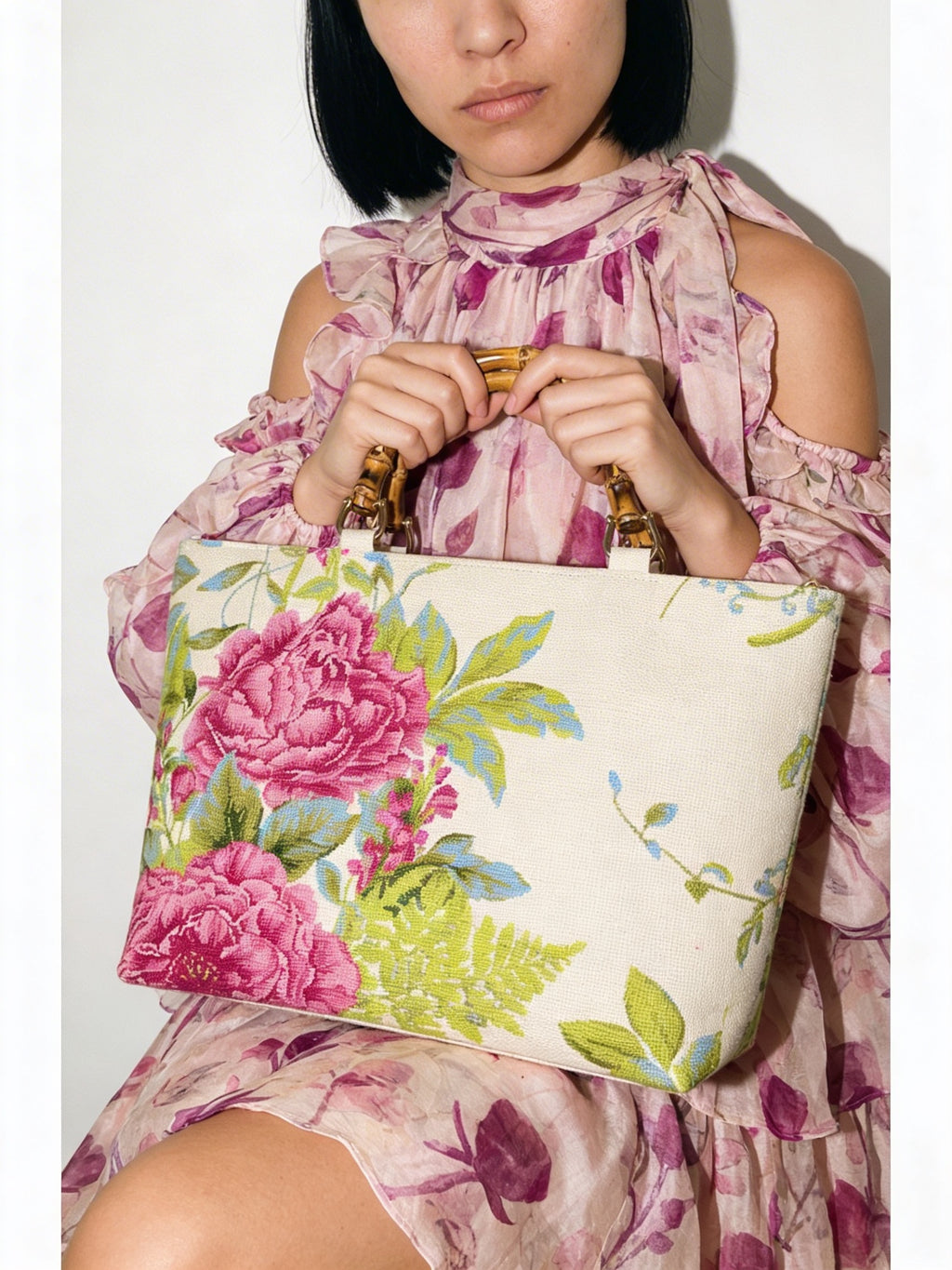 Garden Bloom Canvas Tote | Natural Bamboo Handles